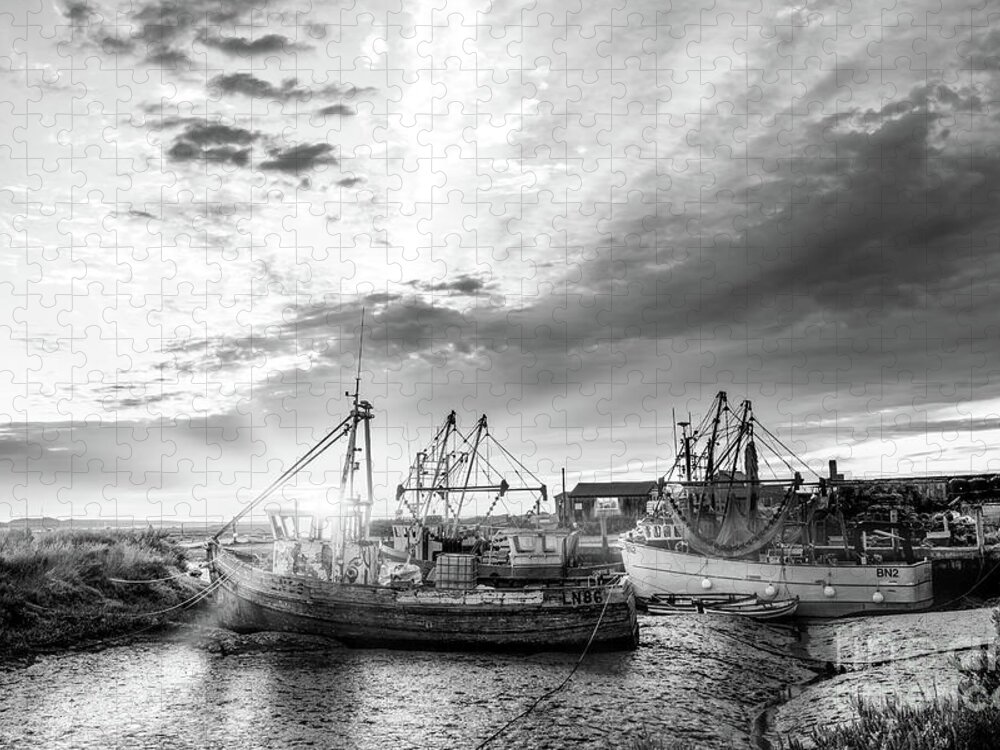 Norfolk Jigsaw Puzzle featuring the photograph Brancaster Norfolk fishing trawlers at sunrise BW by Simon Bratt