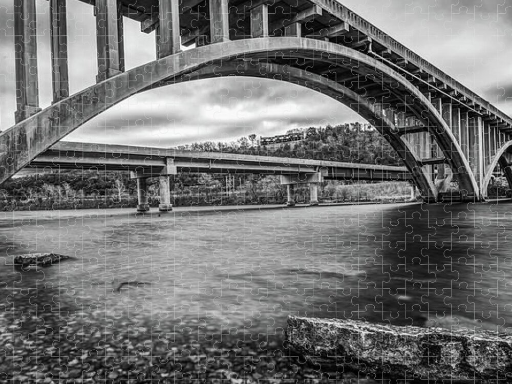 Branson Wall Art Jigsaw Puzzle featuring the photograph Branson's Lake Taneycomo and White River Bridge Panorama - Black and White by Gregory Ballos