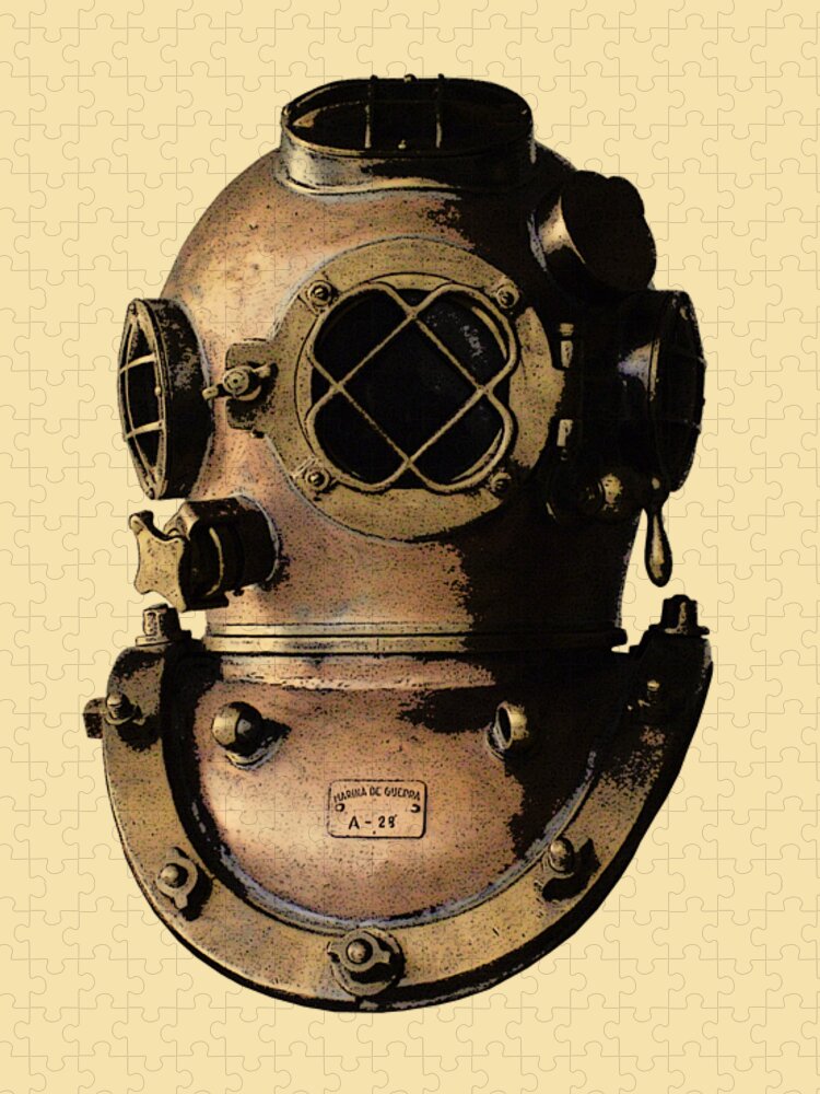 Diving Helmet Jigsaw Puzzle featuring the digital art Brass Diving Helmet by Madame Memento