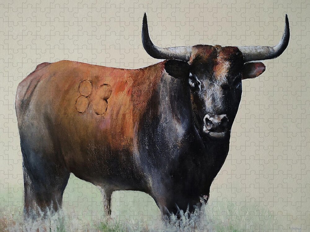 Bulls Jigsaw Puzzle featuring the painting Brave bull by Tomas Castano