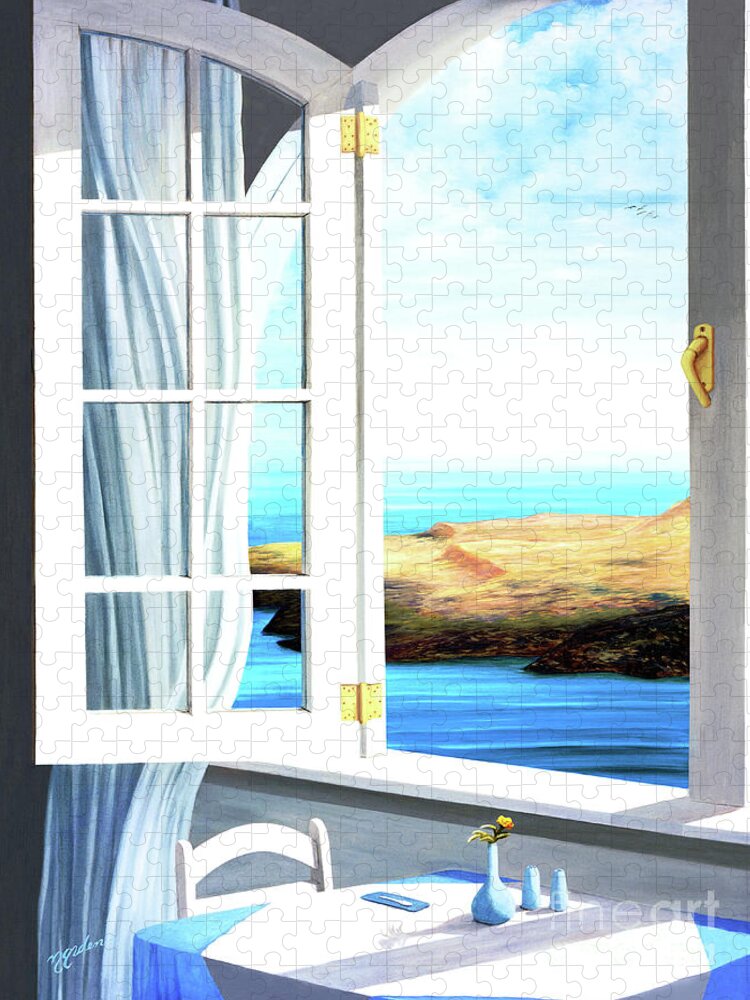 Santorini Jigsaw Puzzle featuring the painting BREAKFAST IN SANTORINI-prints of oil painting by Mary Grden