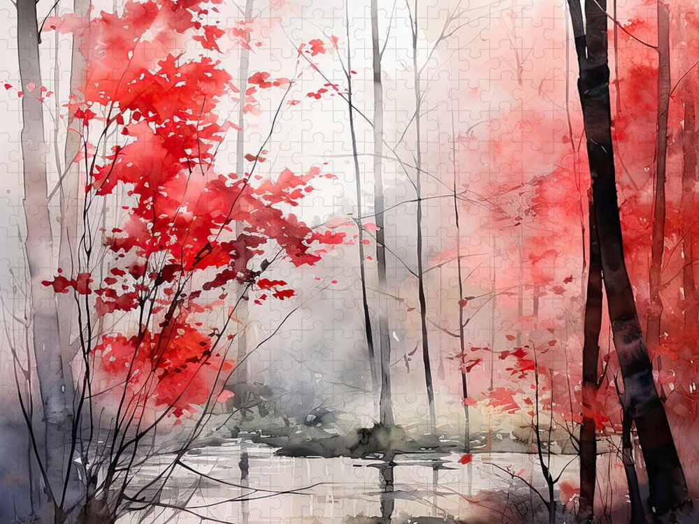Gray And Red Art Jigsaw Puzzle featuring the painting Breath Of Autumn - Autumn Art - Red and Gray Wall Art by Lourry Legarde