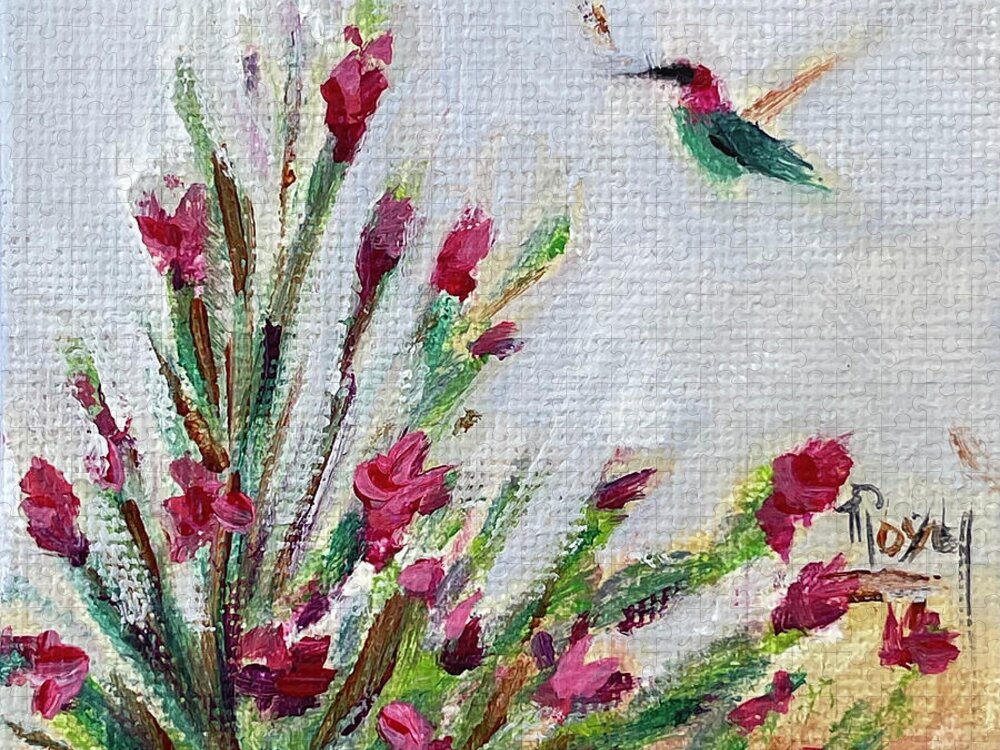 Hummingbird Jigsaw Puzzle featuring the painting Brendas Hummingbird at Lorenzi Estate Wines by Roxy Rich