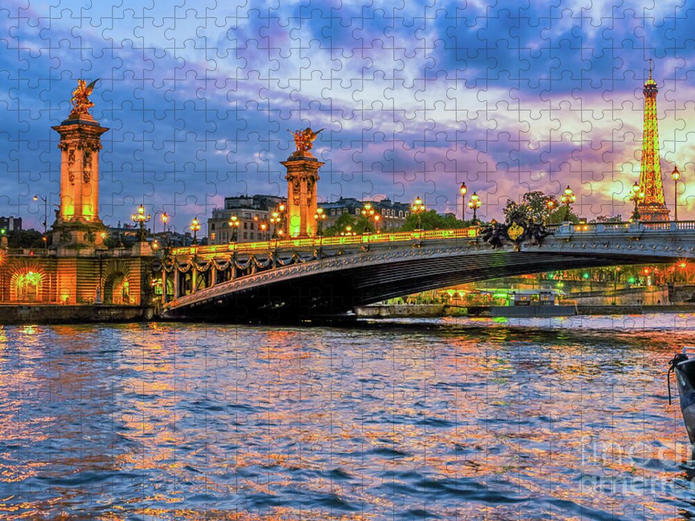 Alexander Jigsaw Puzzle featuring the photograph Bridge of Alexandre III and Eiffel tower, Sunset by Anastasy Yarmolovich