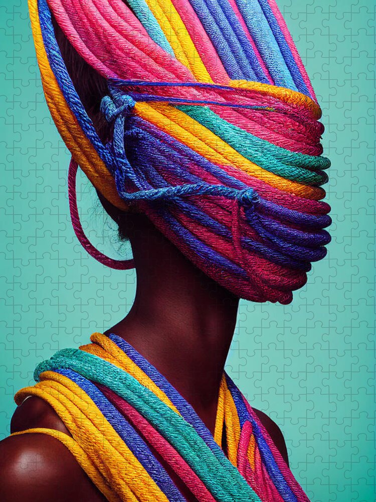 Brightly Colored Rope Mask On Woman Décor Jigsaw Puzzle featuring the painting Brightly Colored Rope Mask on woman Born from Happy A 645563f6455636e929 b043ab 645ad0  by Celestial Images