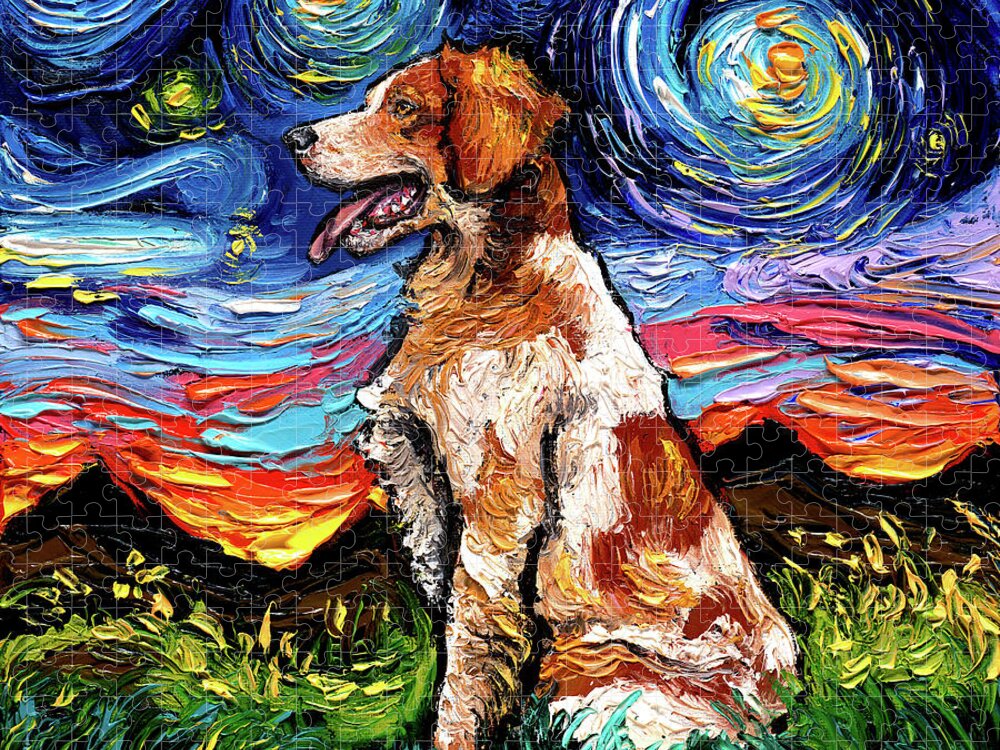 Starry Night Dog Jigsaw Puzzle featuring the painting Brittany Spaniel Night by Aja Trier