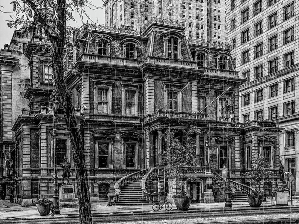 Black And White Jigsaw Puzzle featuring the photograph Broad Street Philadelphia - The Union League Building in Black a by Bill Cannon