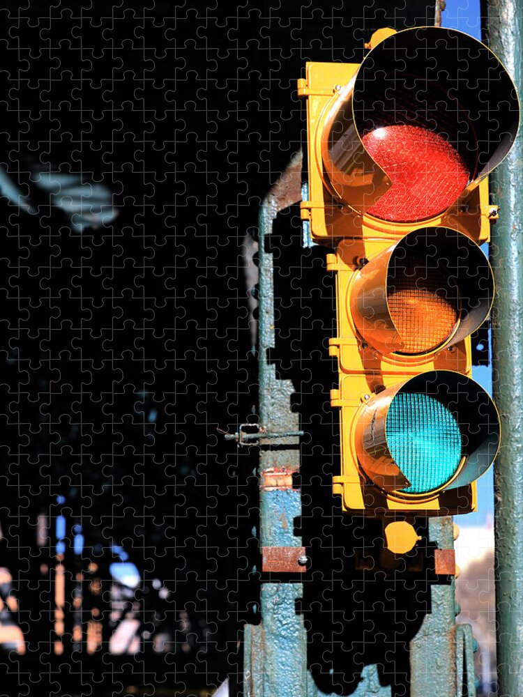Traffic Signal Jigsaw Puzzle featuring the photograph Broadway Traffic Signal under Manhattan Valley 1 Train Viaduct by Steve Ember