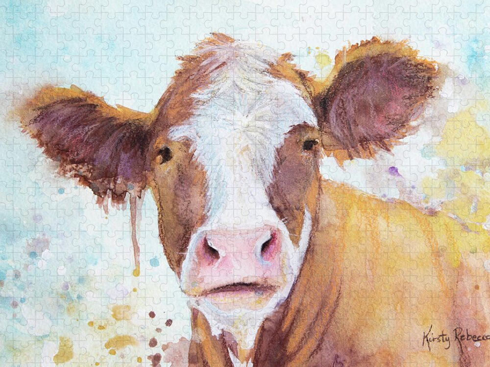 Cow Jigsaw Puzzle featuring the painting Brown Cow by Kirsty Rebecca
