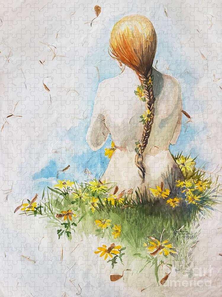 Red Head Jigsaw Puzzle featuring the painting Brown Eyed Susans by Merana Cadorette