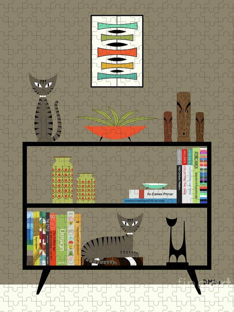 Mid Century Modern Brown Gray Tabby Cats Jigsaw Puzzle featuring the digital art Brown Gray Tabby Cats on Bookcase by Donna Mibus