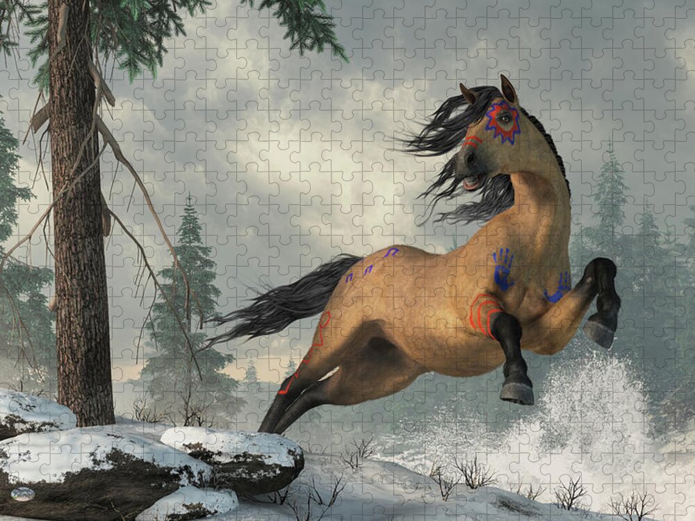 Buckskin Jigsaw Puzzle featuring the digital art Buckskin War Horse by Daniel Eskridge