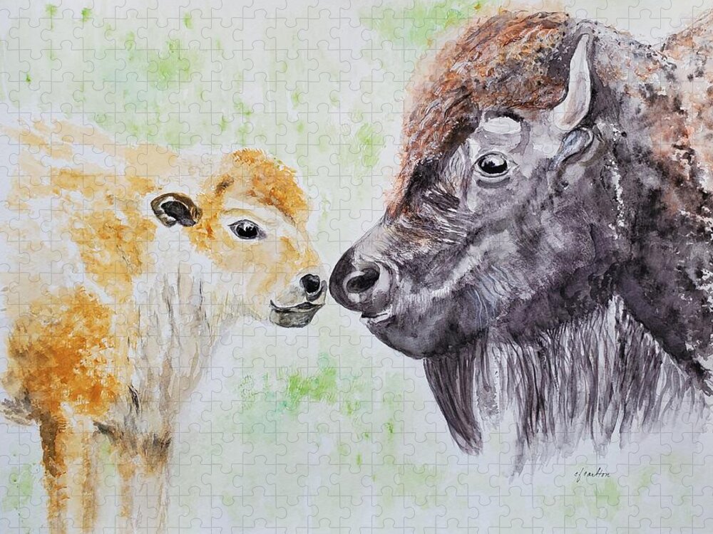 Bison Cow Jigsaw Puzzle featuring the painting Bison Love - Watercolor by Claudette Carlton