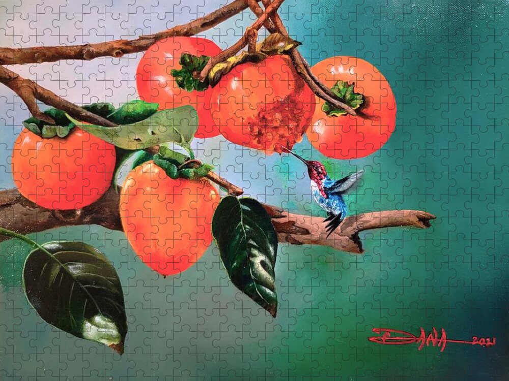 Birds Jigsaw Puzzle featuring the painting Bumblebee hummer and Persimmons by Dana Newman