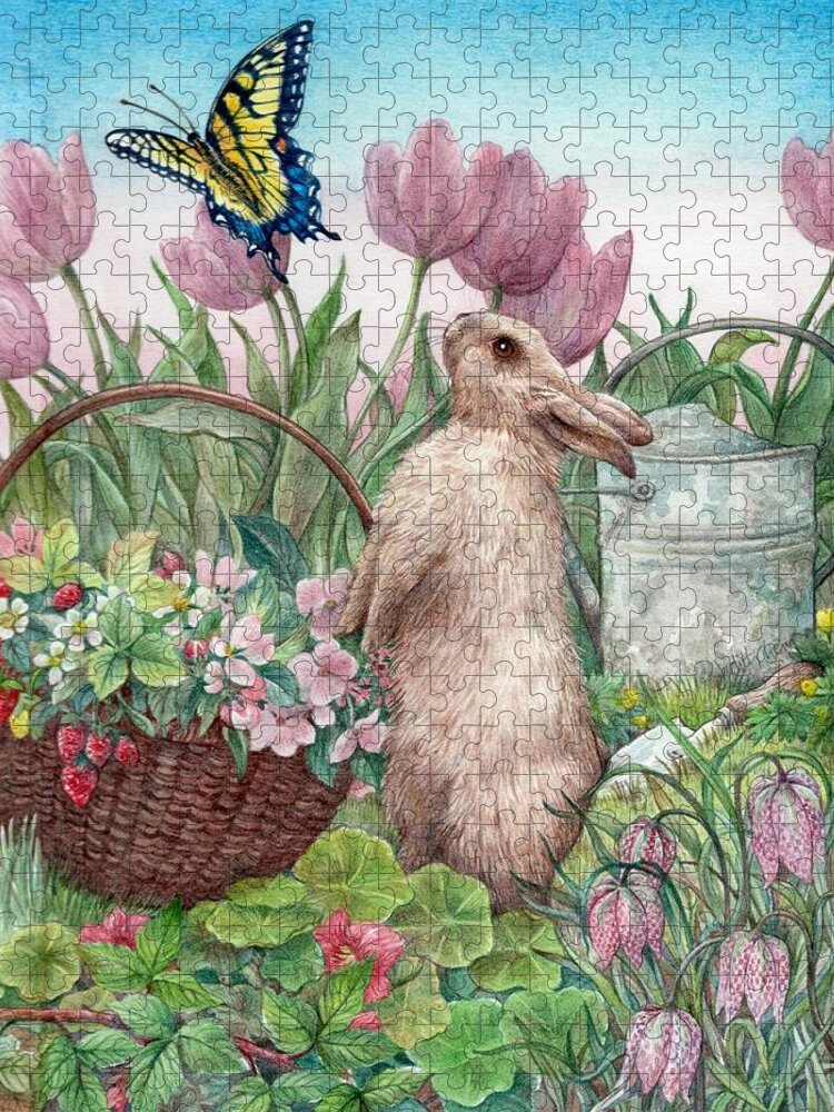 Illustrated Bunny Jigsaw Puzzle featuring the painting Bunny in Spring Garden by Judith Cheng