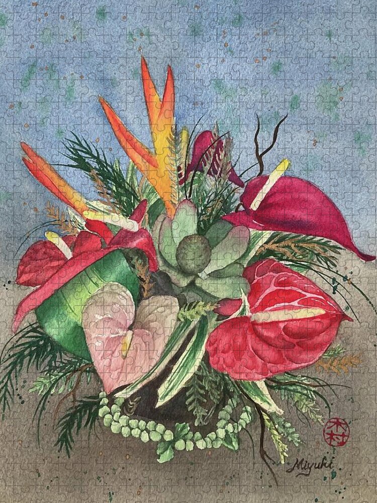 Anthurium Jigsaw Puzzle featuring the painting Tropical Bouquet by Kelly Miyuki Kimura