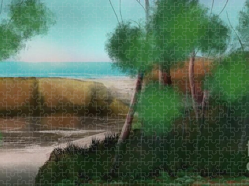 Beach Jigsaw Puzzle featuring the digital art Bush Land , Meets the Loney Beach and warm Sand by Julie Grimshaw