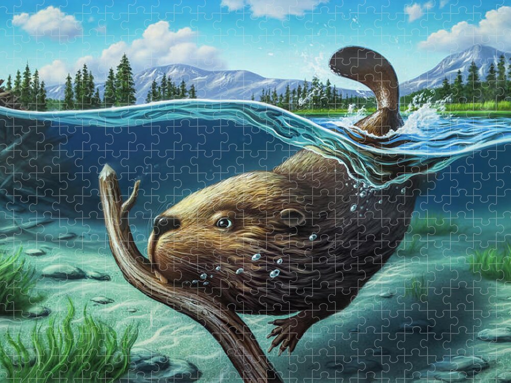 Beaver Jigsaw Puzzle featuring the painting Busy Beaver by Jerry LoFaro