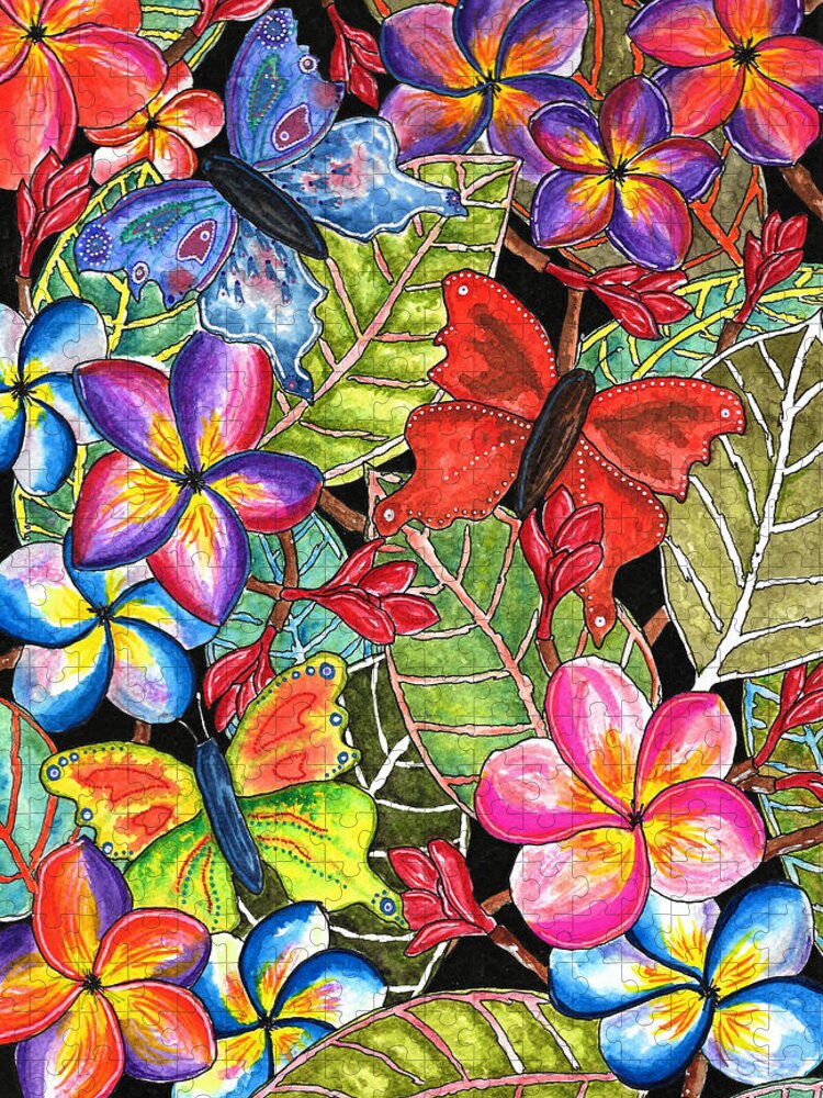 Butterfly Jigsaw Puzzle featuring the painting Butterflies and Plumeria by Gemma Reece-Holloway
