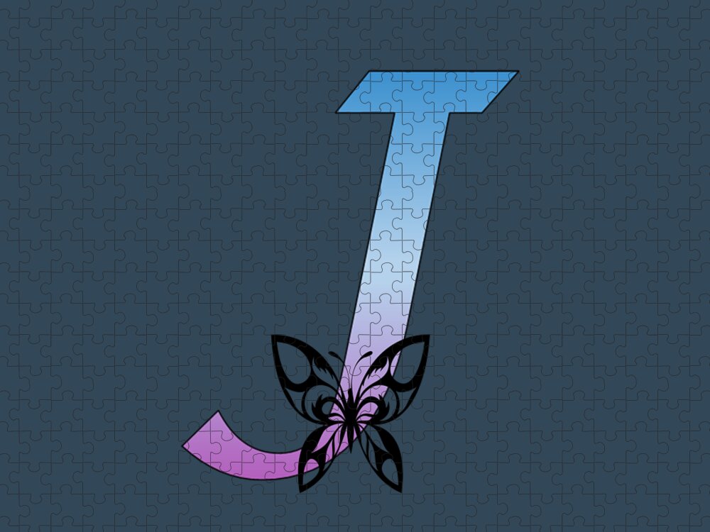 Monogram Jigsaw Puzzle featuring the digital art Butterfly Silhouette on Monogram Letter J Gradient Blue Purple by Ali Baucom