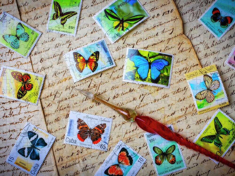 Butterfly; Butterflies; Postage; Stamps; Old; Document; Ink;red Jigsaw Puzzle featuring the photograph Butterfly Stamps On Old Letters by Garry Gay