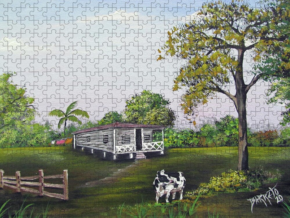 Cow Jigsaw Puzzle featuring the painting By The House by Gloria E Barreto-Rodriguez