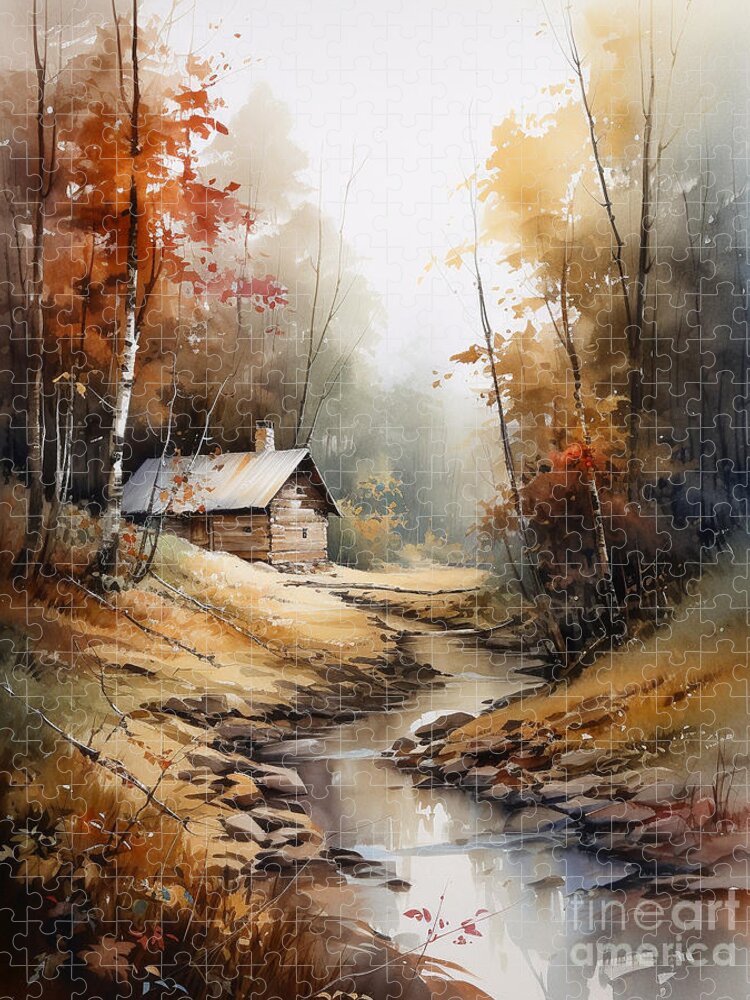 Cabin Jigsaw Puzzle featuring the digital art Cabin and Stream I by Jay Schankman