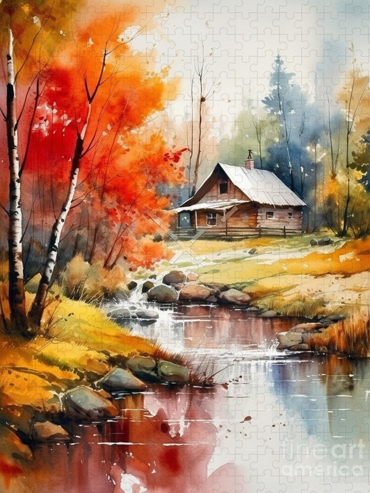 Cabin And Stream Ii Jigsaw Puzzle featuring the mixed media Cabin and Stream II by Jay Schankman