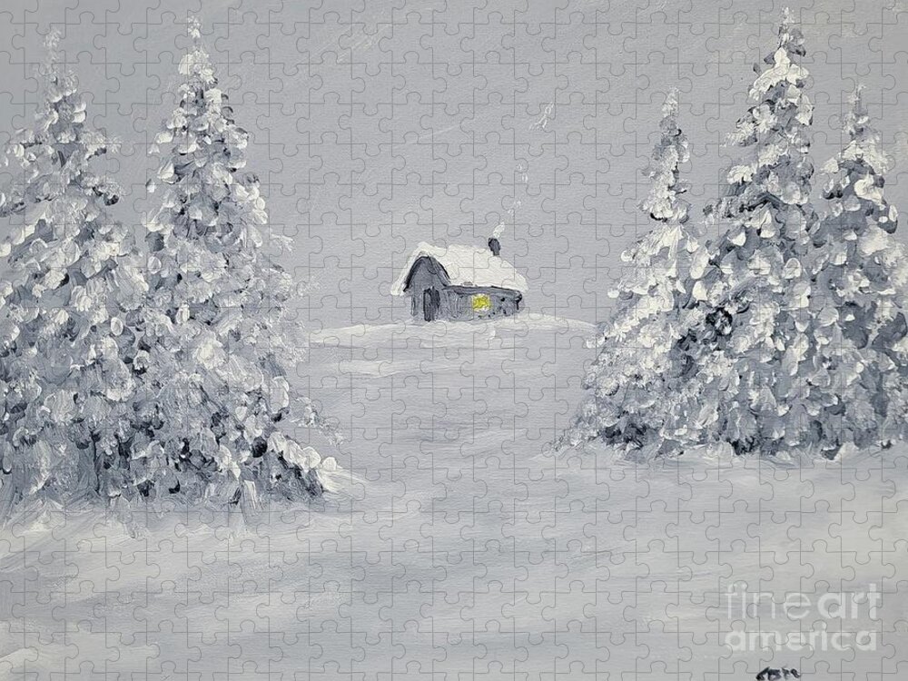 Snow Jigsaw Puzzle featuring the painting Cabin In The Snow by Stacy C Bottoms