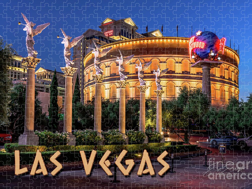 Post Card Jigsaw Puzzle featuring the photograph Caesars Palace Coloseum at Night With Winged Angels at Dusk Post Card by Aloha Art