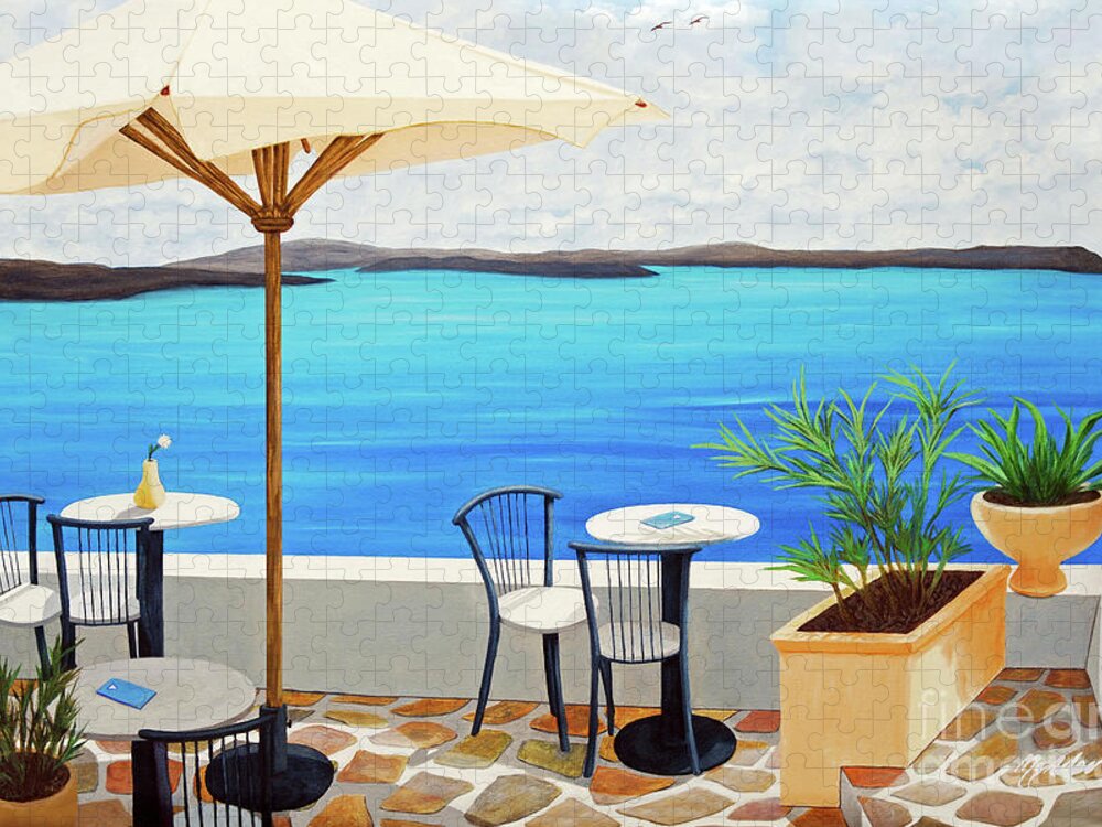 Santorini Jigsaw Puzzle featuring the painting CAFE ON THE RIM, Santorini-prints of oil painting by Mary Grden