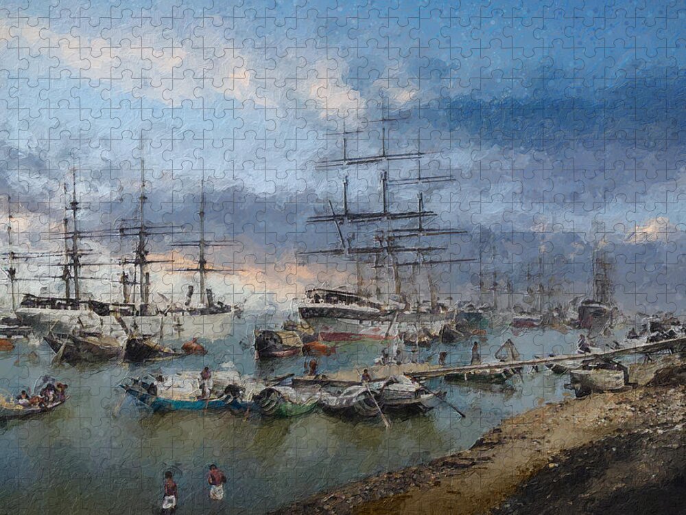 Sailing Ship Jigsaw Puzzle featuring the digital art Calcutta in the age of sail by Geir Rosset