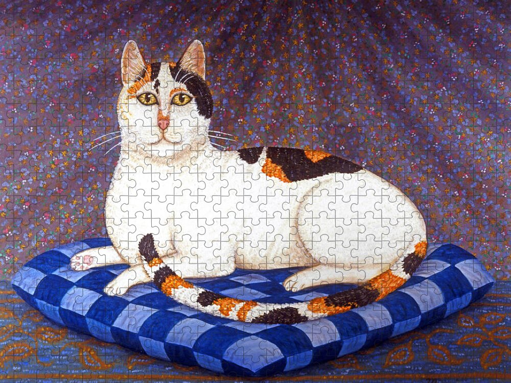 Cat Jigsaw Puzzle featuring the painting Calico Cat Portrait by Linda Mears