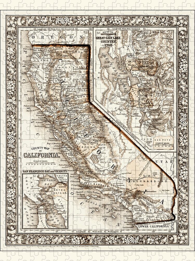 California Jigsaw Puzzle featuring the photograph California Vintage County Map 1860 Sepia by Carol Japp