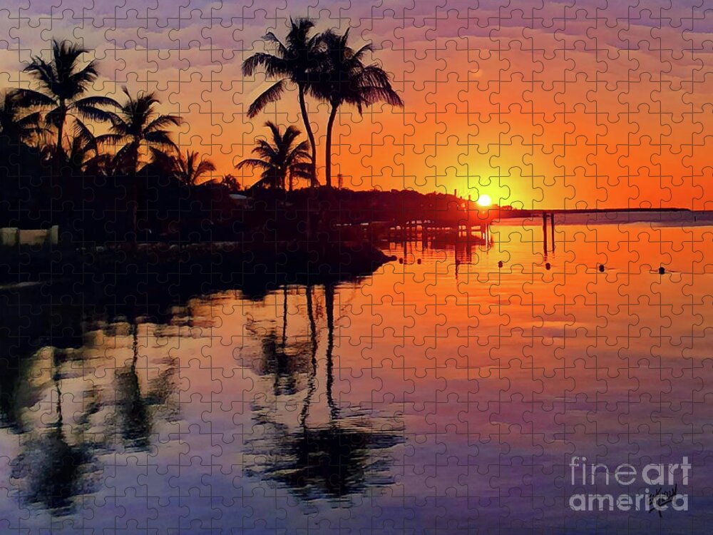 Islamorada Calm Carefree Golden Orange Glow Sunset Violet Reflections Dock Boat Water Peace Serenity Happiness Sky Palm Trees Reflections Eileen Kelly Artistic Aftermath Live Love Light Horizon Hope Art Artist Wall Canvas Prints Jigsaw Puzzle featuring the digital art Calm Carefree Reflections by Eileen Kelly