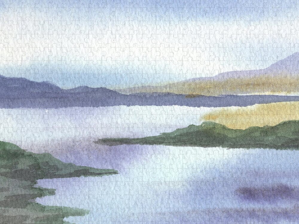 Calm Jigsaw Puzzle featuring the painting Calm Dreamy Landscape Peaceful Lake Shore Quiet Meditative Nature IV by Irina Sztukowski