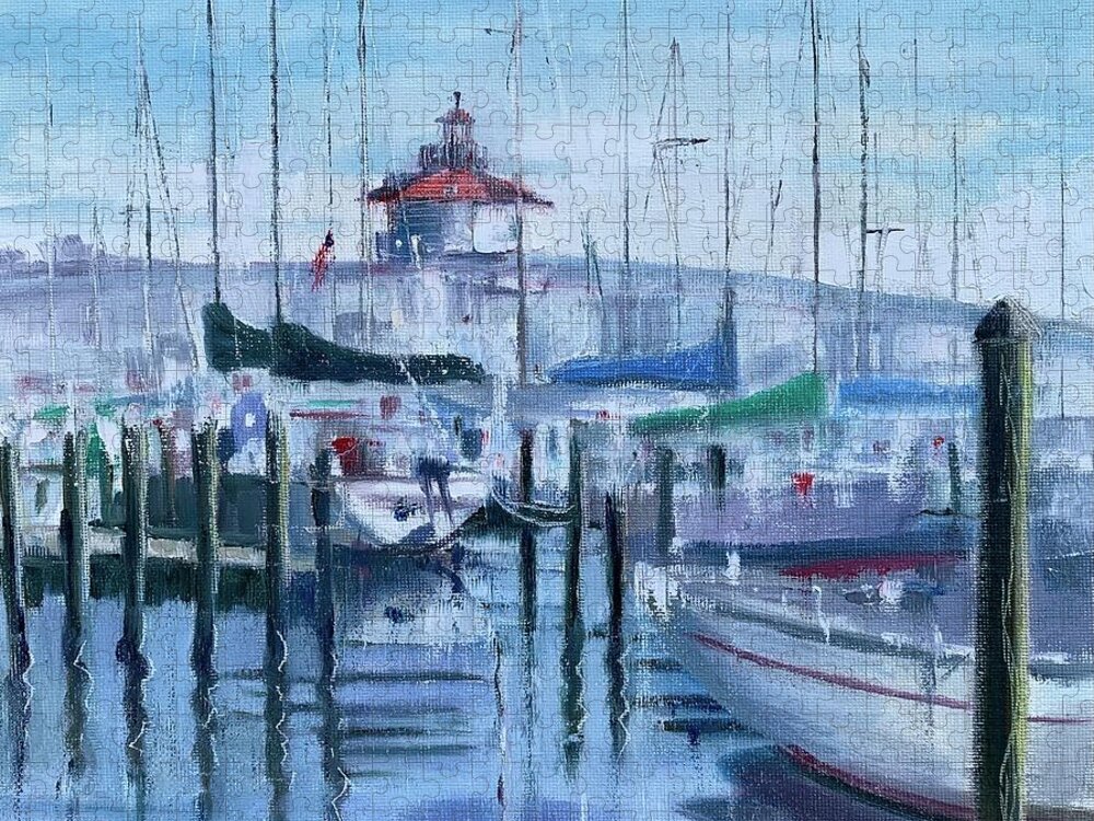 Boats Jigsaw Puzzle featuring the painting Cambridge Harbor by Maggii Sarfaty