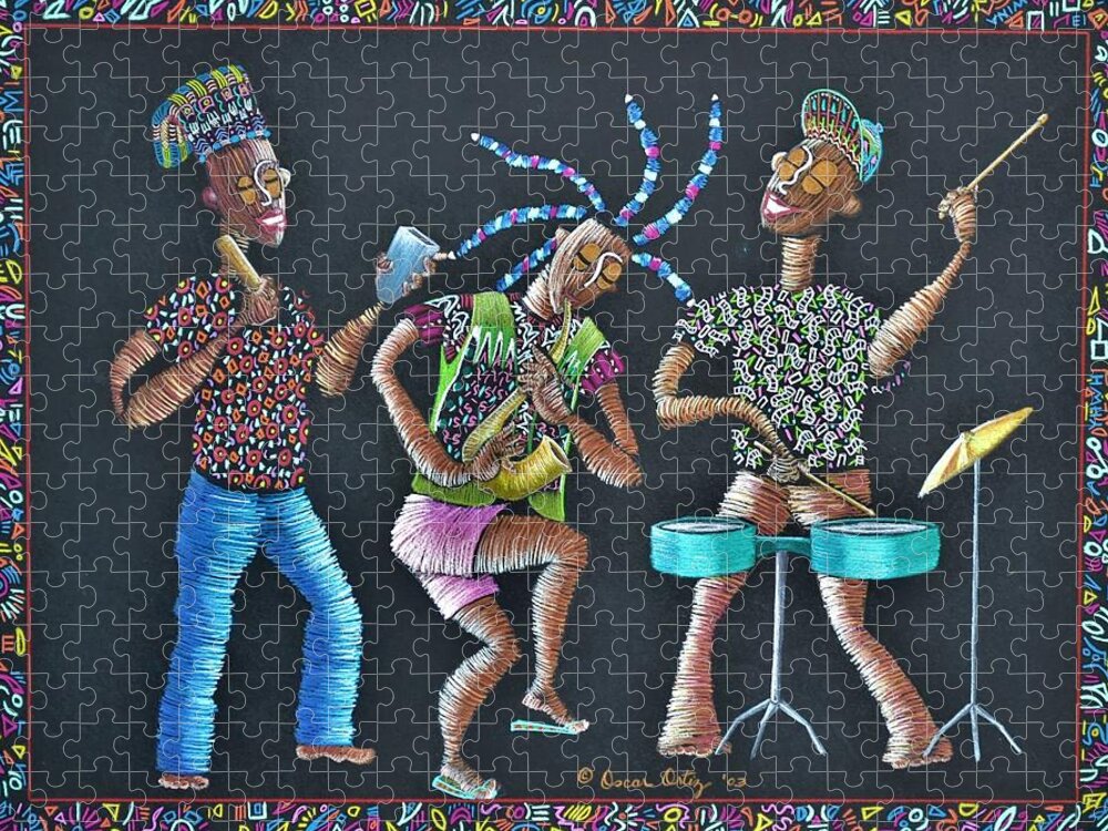 Cowbell Jigsaw Puzzle featuring the drawing Campana, Sax y Timbales by Oscar Ortiz