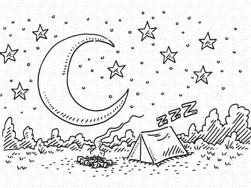 Sketch Jigsaw Puzzle featuring the drawing Camping Night Moon And Stars Over Tent Drawing by Frank Ramspott