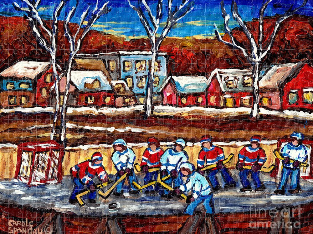 Hockey Jigsaw Puzzle featuring the painting Canadian Village Scene Outdoor Hockey Rink Handpainted Original Art For Sale C Spandau Winter Scenes by Carole Spandau