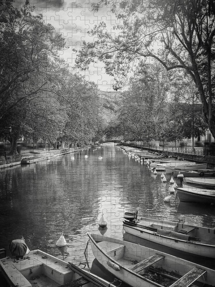 Annecy Jigsaw Puzzle featuring the photograph Canal Du Vasse Annecy France Black and White by Carol Japp