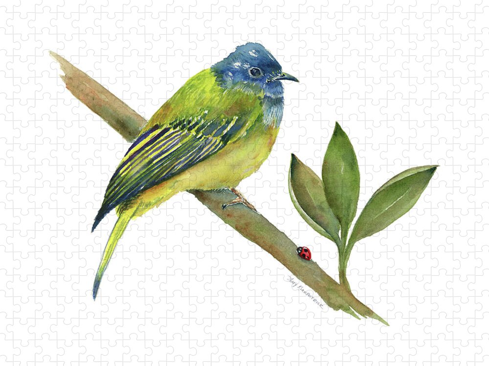 Blue Bird Jigsaw Puzzle featuring the painting Canary Flycatcher - Bird by Amy Kirkpatrick