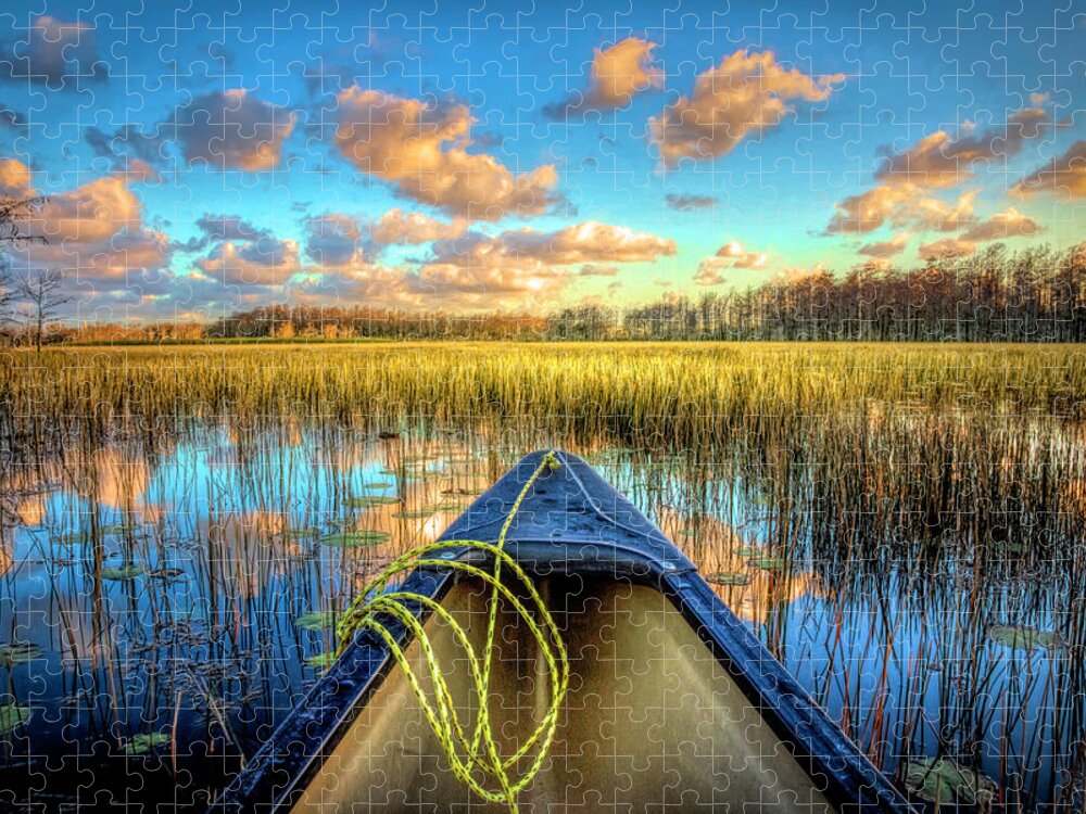 Boats Jigsaw Puzzle featuring the photograph Canoeing on the River at Sunset by Debra and Dave Vanderlaan
