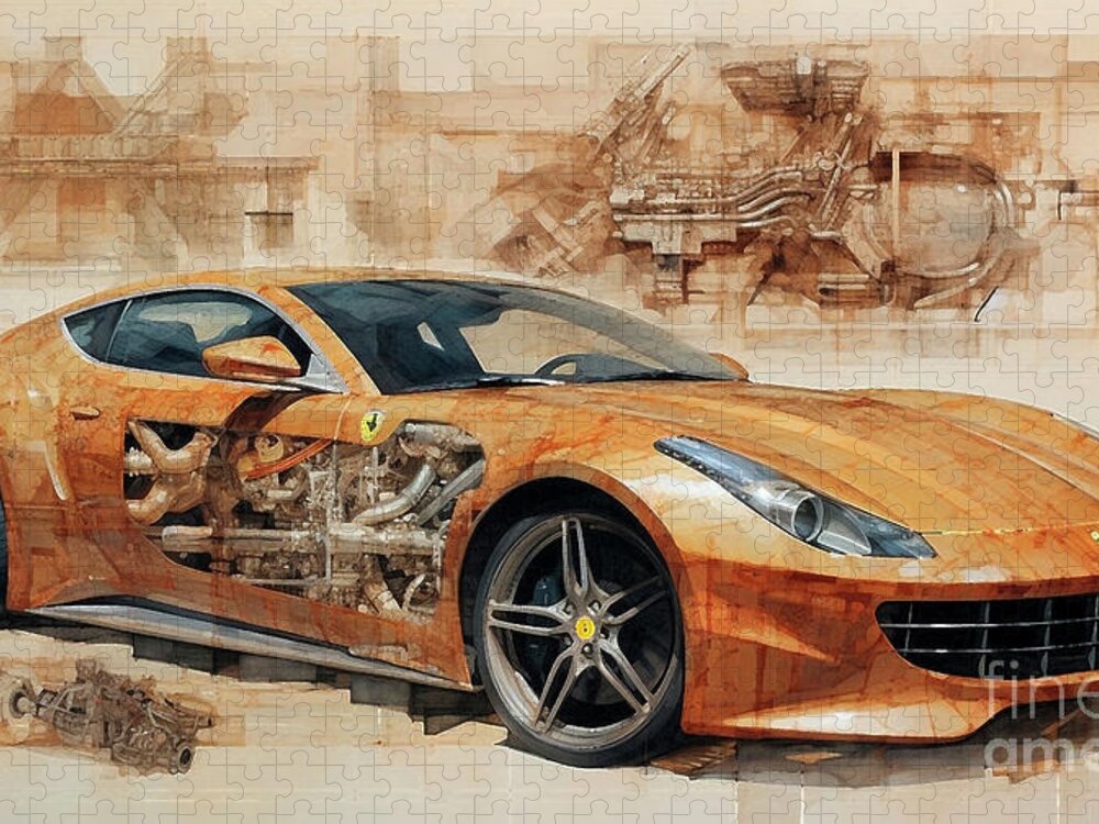 Ferrari Jigsaw Puzzle featuring the drawing Car 1860 Ferrari FF by Clark Leffler