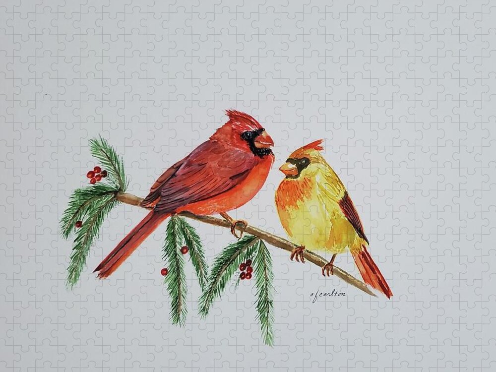 Cardinals Jigsaw Puzzle featuring the painting Cardinal Couple by Claudette Carlton