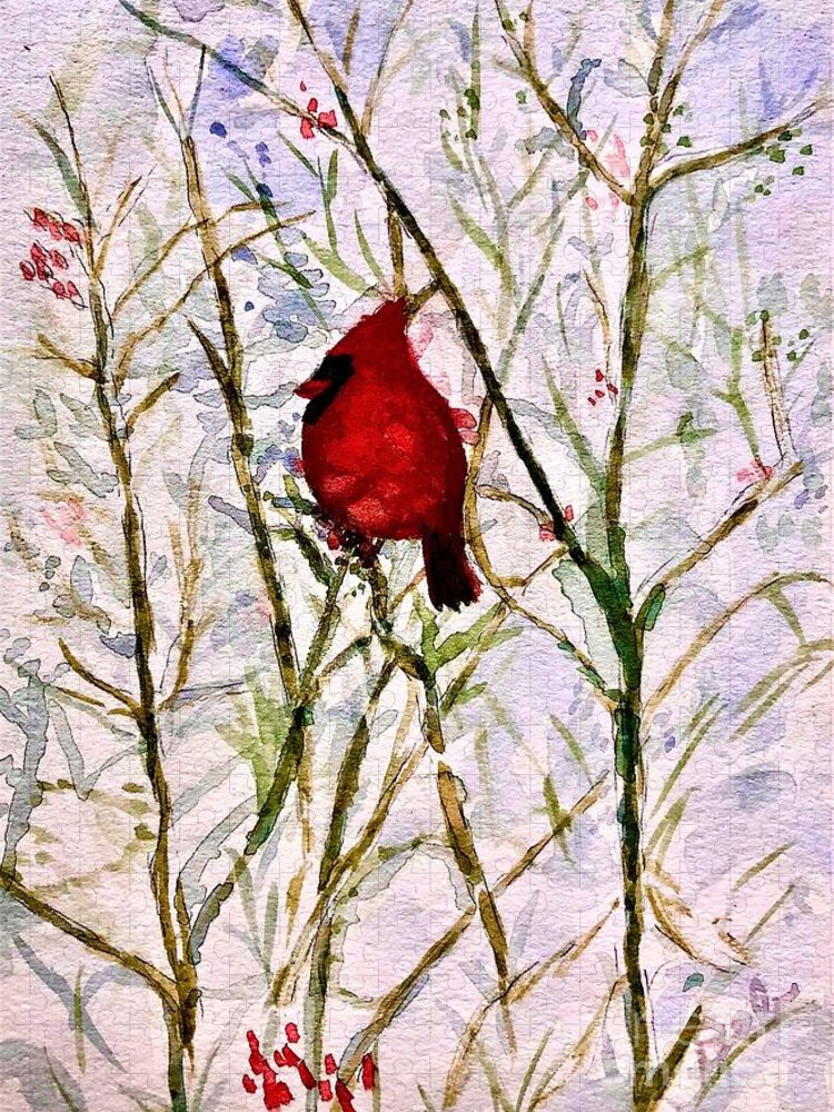 Cardinal Jigsaw Puzzle featuring the painting Cardinal by Deb Stroh-Larson