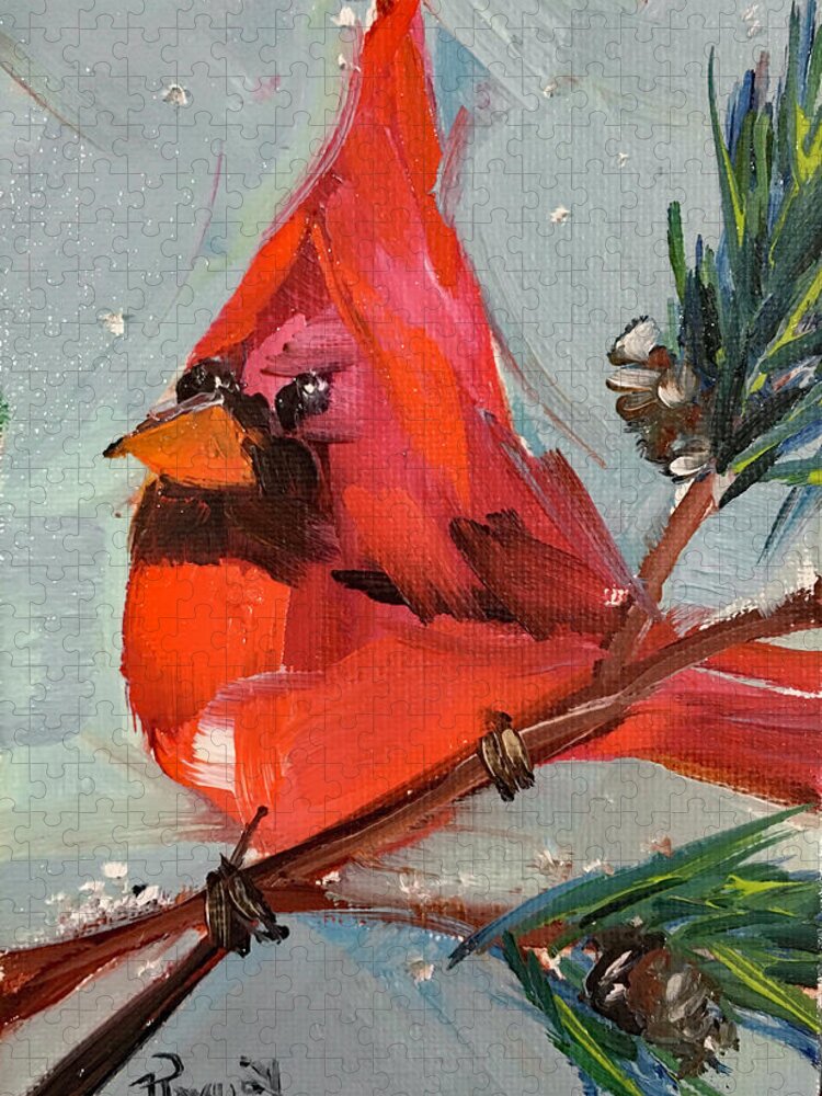 Cardinal Jigsaw Puzzle featuring the painting Cardinal in a Fir Tree by Roxy Rich