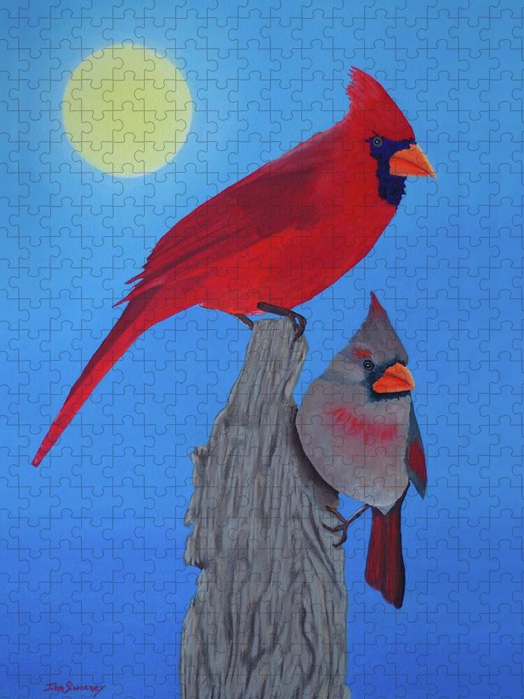 Cardinal Lovers Jigsaw Puzzle featuring the painting Cardinal Lovers by John Sweeney