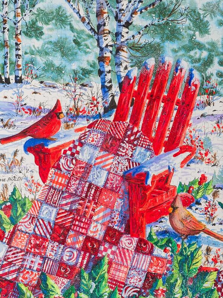 Winter Scene Of Two Cardinals With A Holiday Quilt Of Red And A Matching Red Adirondack Chair. Jigsaw Puzzle featuring the painting Cardinals and Holiday Patchwork by Diane Phalen