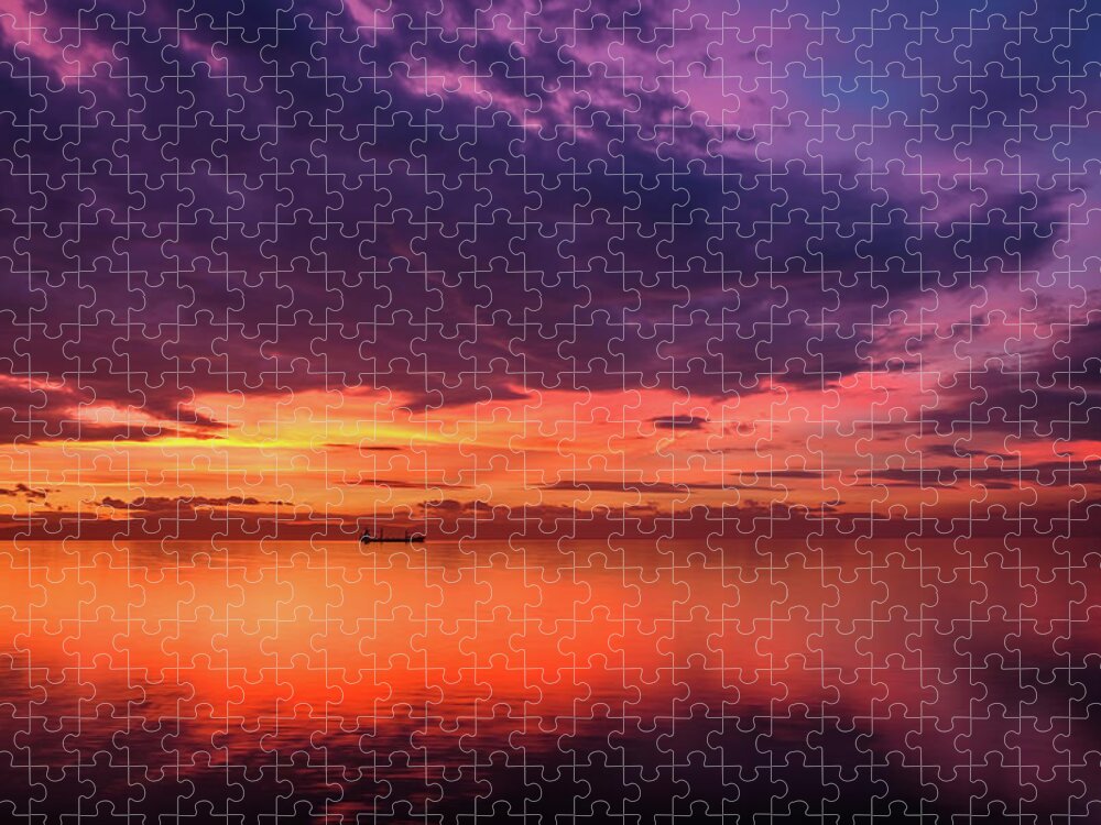 Sea Jigsaw Puzzle featuring the photograph Cargo Ship Silhouette in a Dramatic and Colorful Sunset by Alexios Ntounas